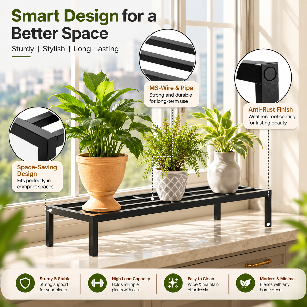 Heavy-Duty Plant Stand for Balcony 1 Pc/Plant Stand for Indoor & Outdoor | Thick Metal Stand, Garden/Patio, Apartment/Home Decoration | Anti Rust Plant Shelf | Metal Planter Black | 76 x 24 x 18 Dimension