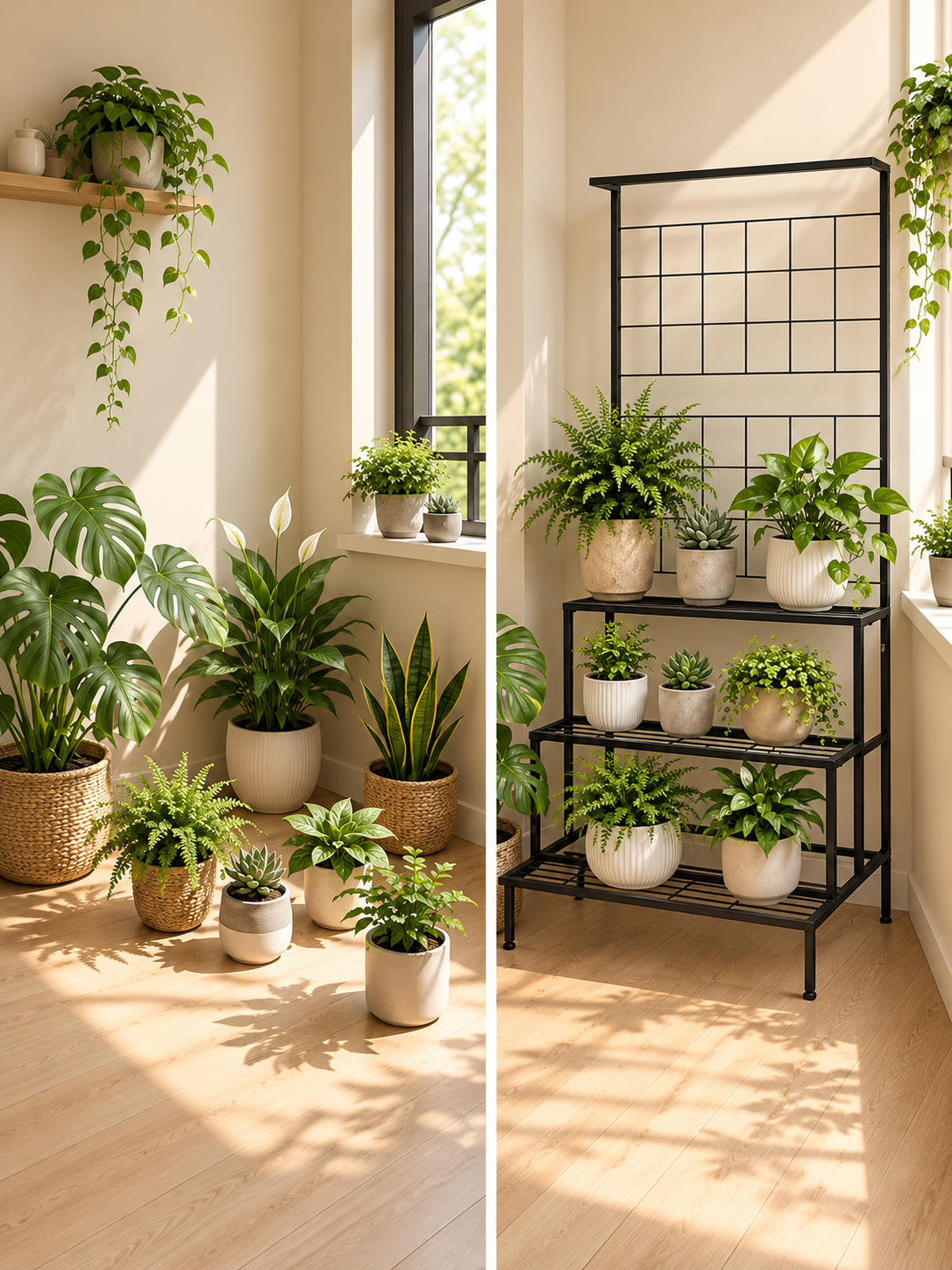 4-Tier Metal Plant Stand with Trellis, Matte Black for Outdoor Balcony, Flower Pot Stand for Indoor Plants, Large Metal Planter Stand for Living Room, home decor, Indoor & Outdoor plants, Big Rack for Home Garden/Black .