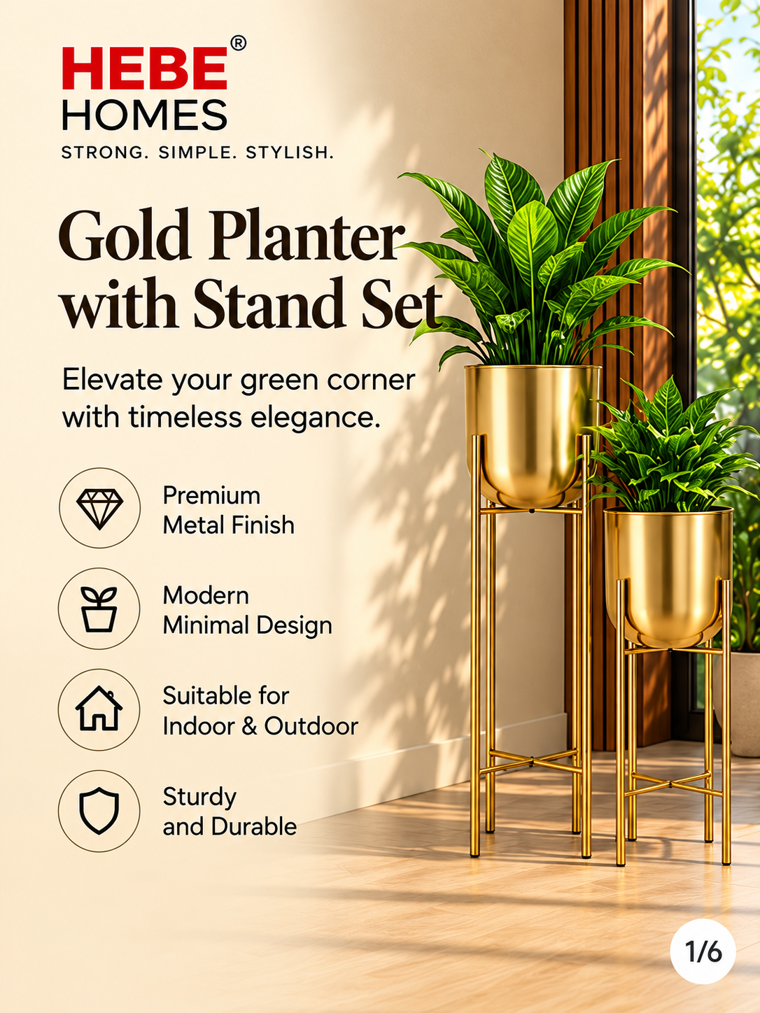 Gold Planter with Stand Set | Elevated Metal Pot Holders for Indoor Plants | Festival Decorative Display for Living Room & Balcony (Pack of 2, Gold, 24x24x70 cm & 23x23x55 cm)