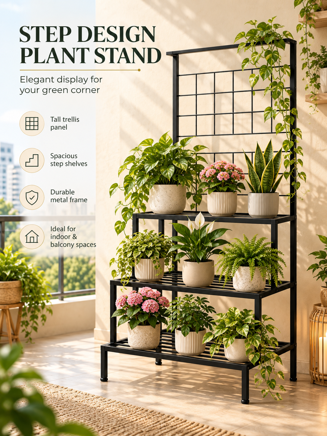 4-Tier Metal Plant Stand with Trellis, Matte Black for Outdoor Balcony, Flower Pot Stand for Indoor Plants, Large Metal Planter Stand for Living Room, home decor, Indoor & Outdoor plants, Big Rack for Home Garden/Black .
